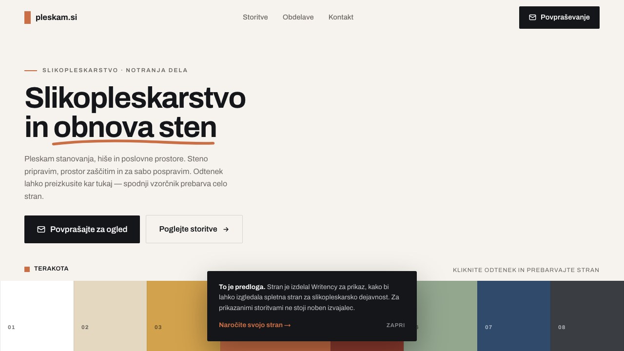 Demo spletne strani za pleskarsko podjetje, izdelal Writency
